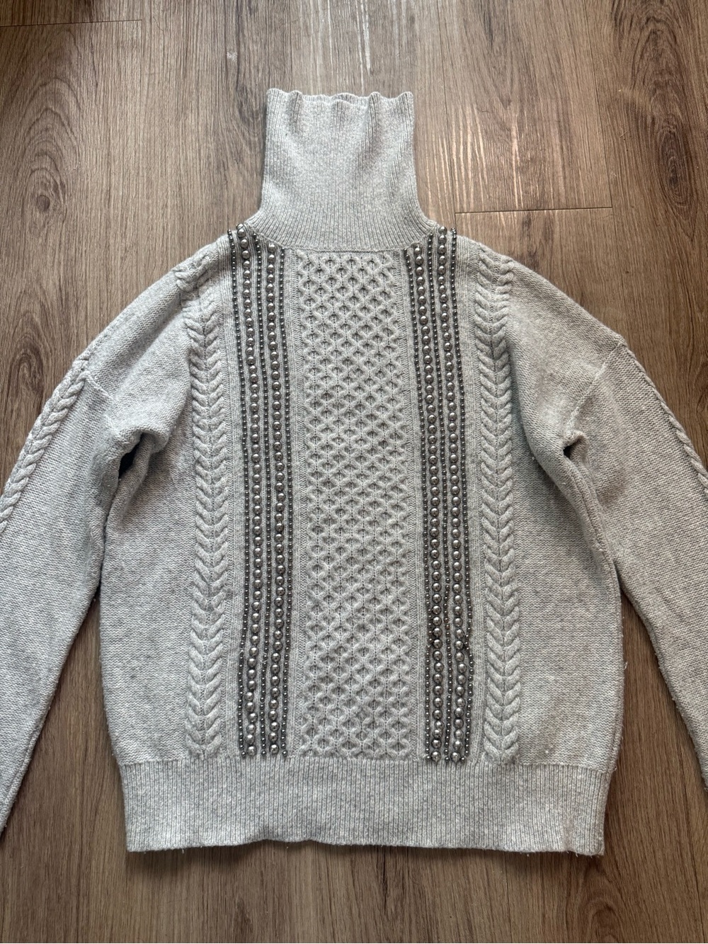 Halogen Light Gray Turtleneck Cable Knit Sweater with Bead Columns